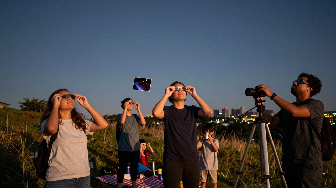 People wearing eclipse glasses watch the sky, with one person using a telescope, near a cityscape at dusk.