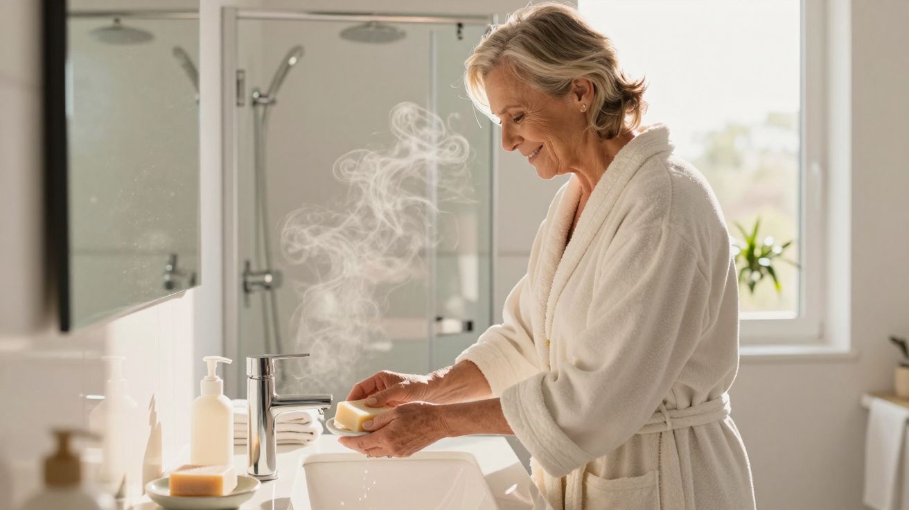 Elderly woman in bathrobe washing hands with steaming water in a modern bathroom.