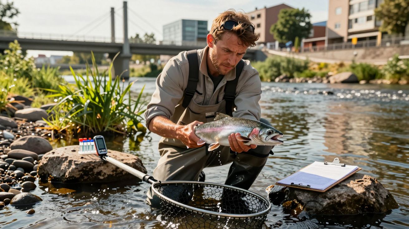 Man in waders examining fish by riverside with net, test kit, and clipboard, near city bridge.
