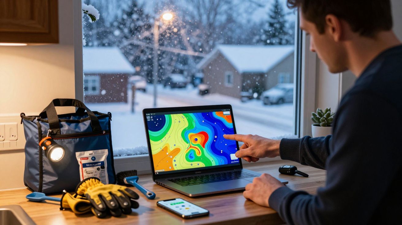 Man checks weather map on laptop at snowy window, emergency kit and gloves on desk.