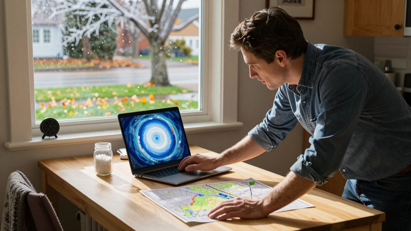 Man examining map on desk near window, with laptop showing vortex image, inside a cozy room.