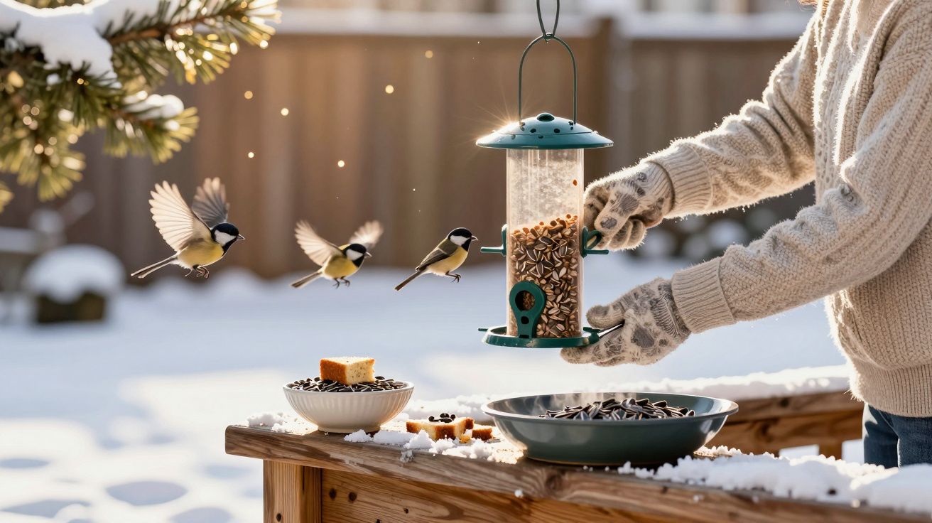 Person refilling bird feeder with seeds, surrounded by flying birds, in a snowy backyard.