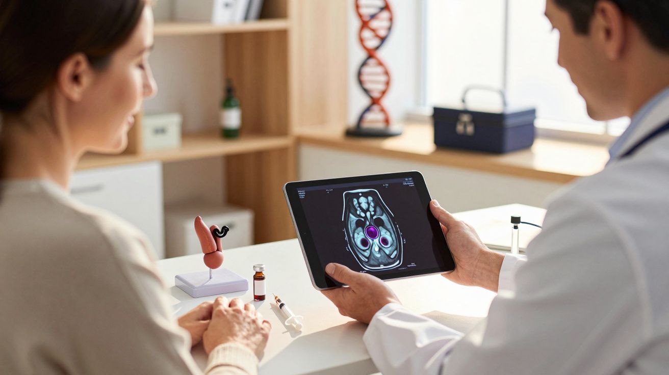 Doctor showing a patient an MRI scan on a tablet in a medical office with anatomical models and a DNA helix in the background