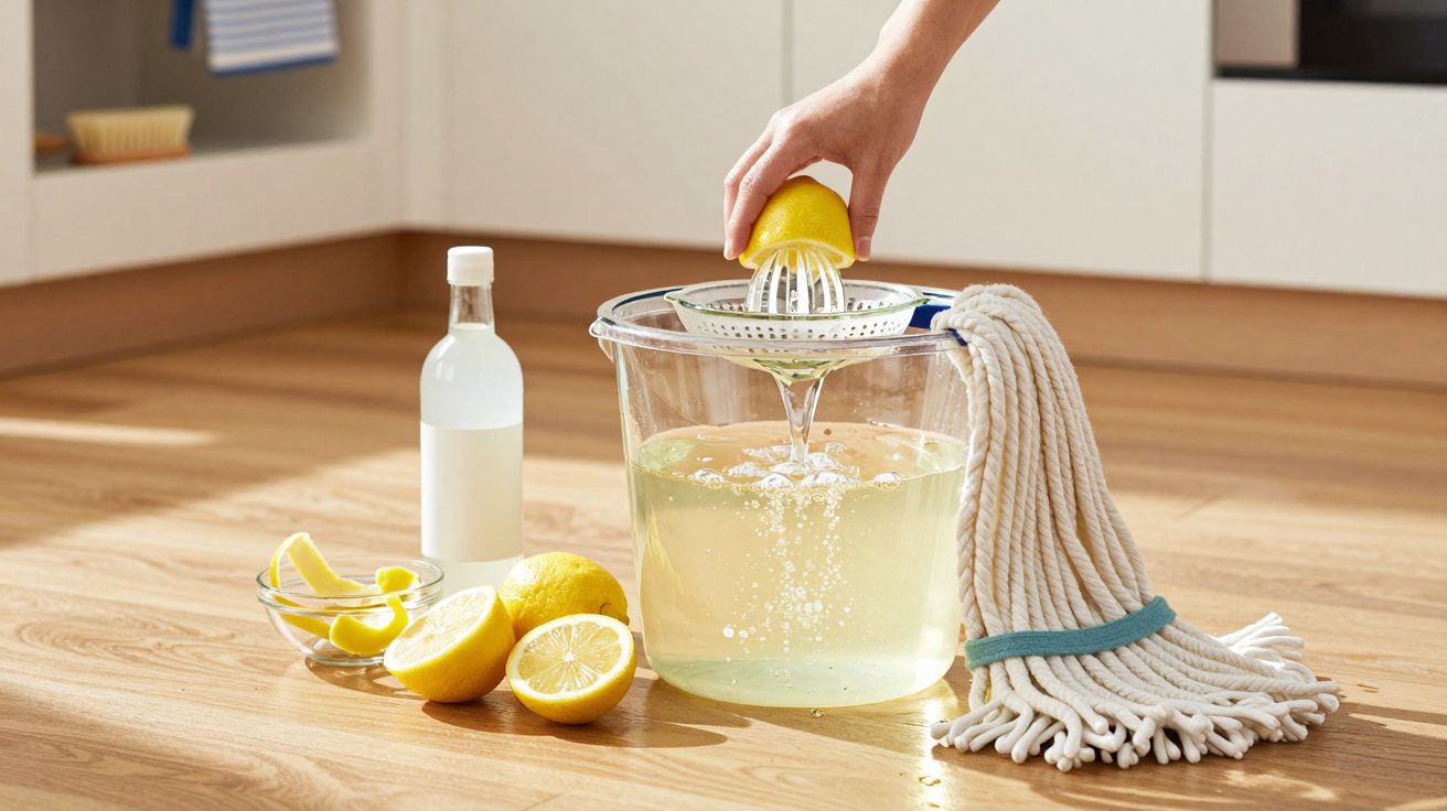 Hand squeezing lemon into bucket with cleaning solution, surrounded by lemons, vinegar bottle, and a mop on wooden floor.