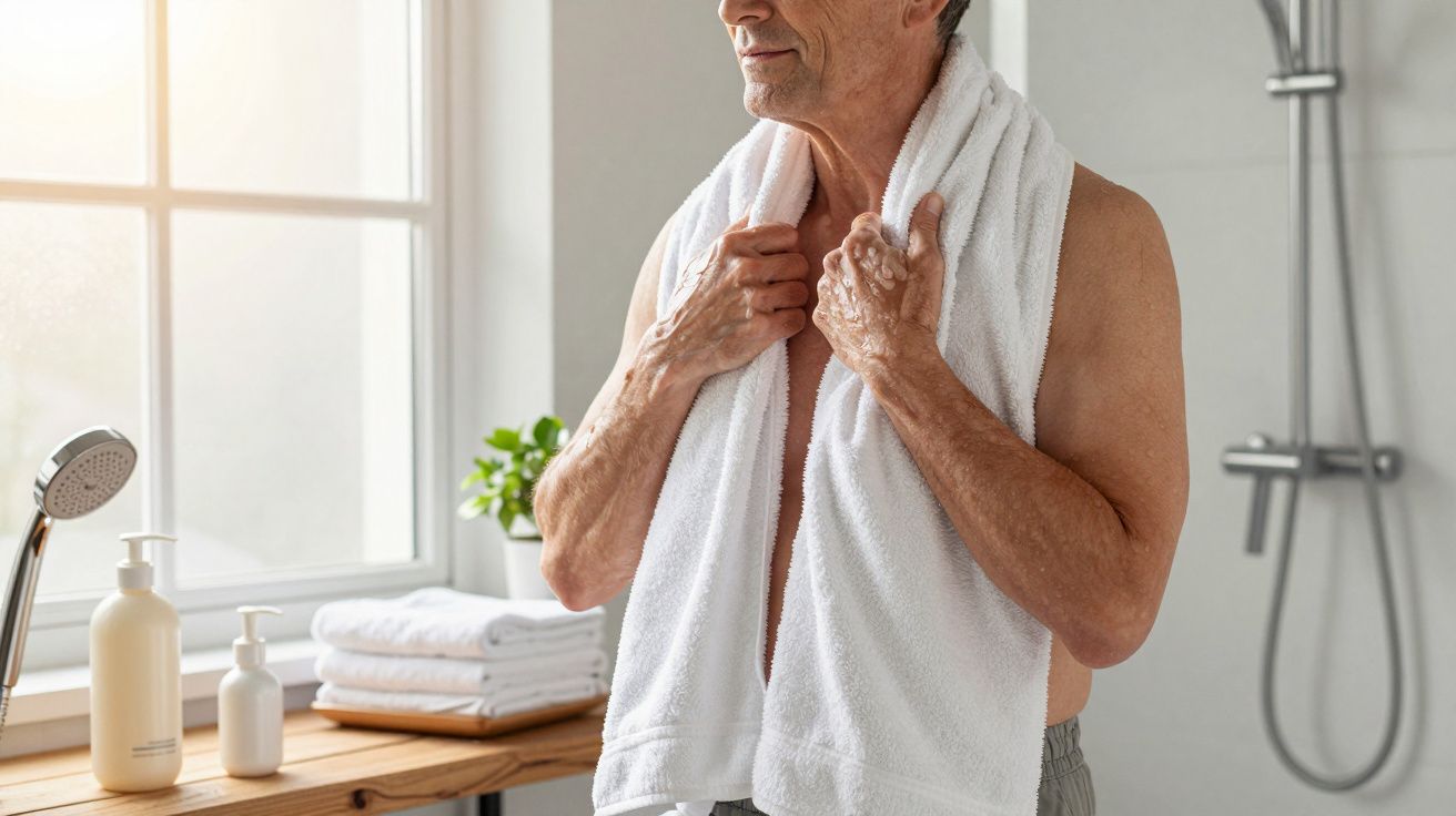 Man in a bathroom with a white towel draped over shoulders, standing near a window with sunlight streaming in.