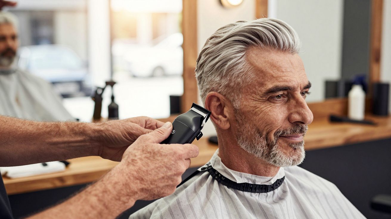 Man with gray hair getting haircut with clippers at a barbershop, smiling.