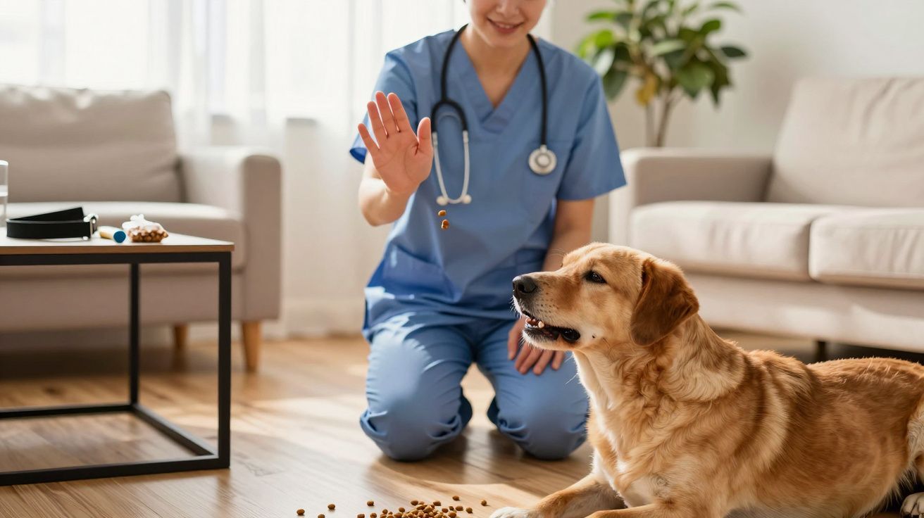A vet in blue scrubs gestures by a golden retriever with kibble on the floor in a living room setting.