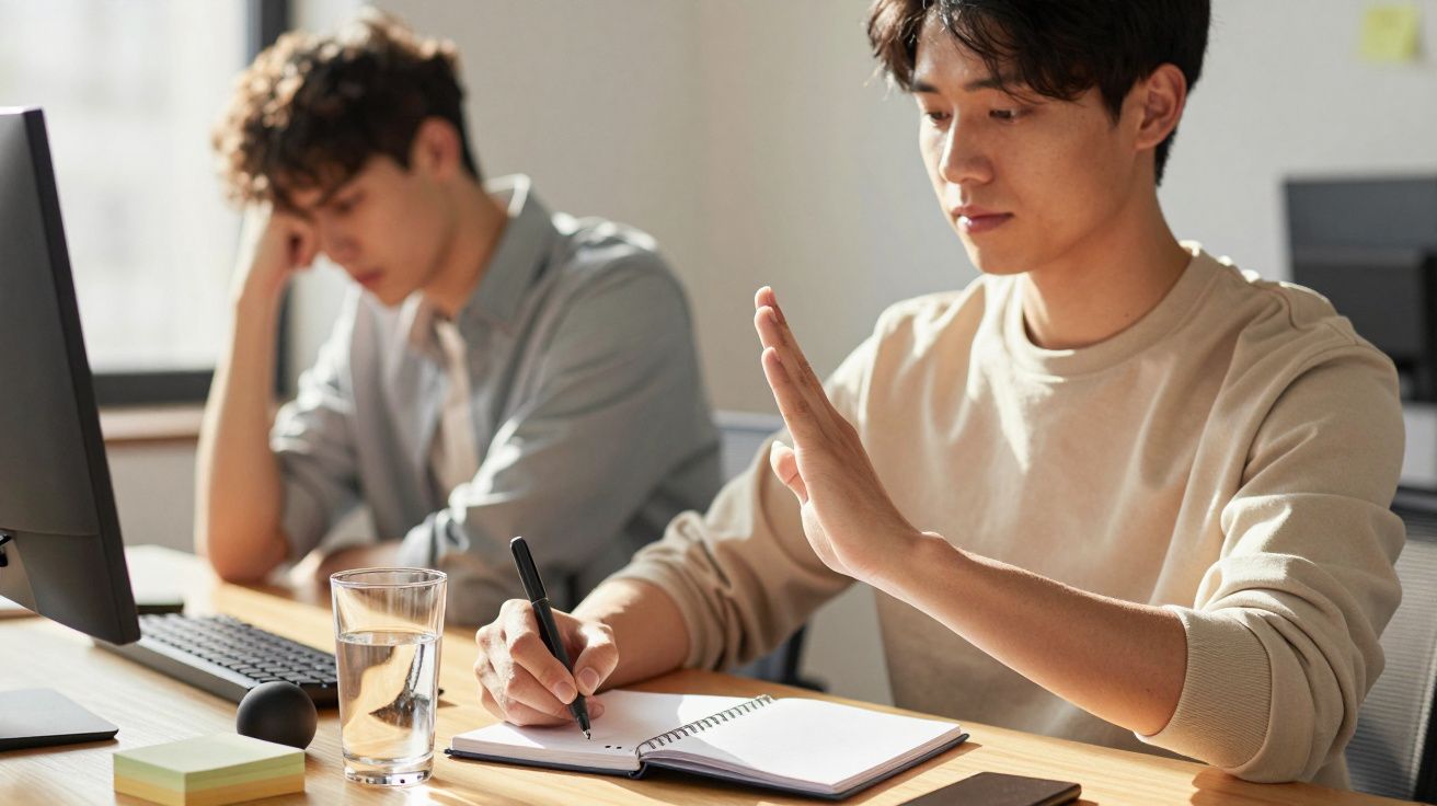 Two people at a desk, one writing in a notebook, the other appears stressed, with a computer and glass of water nearby.