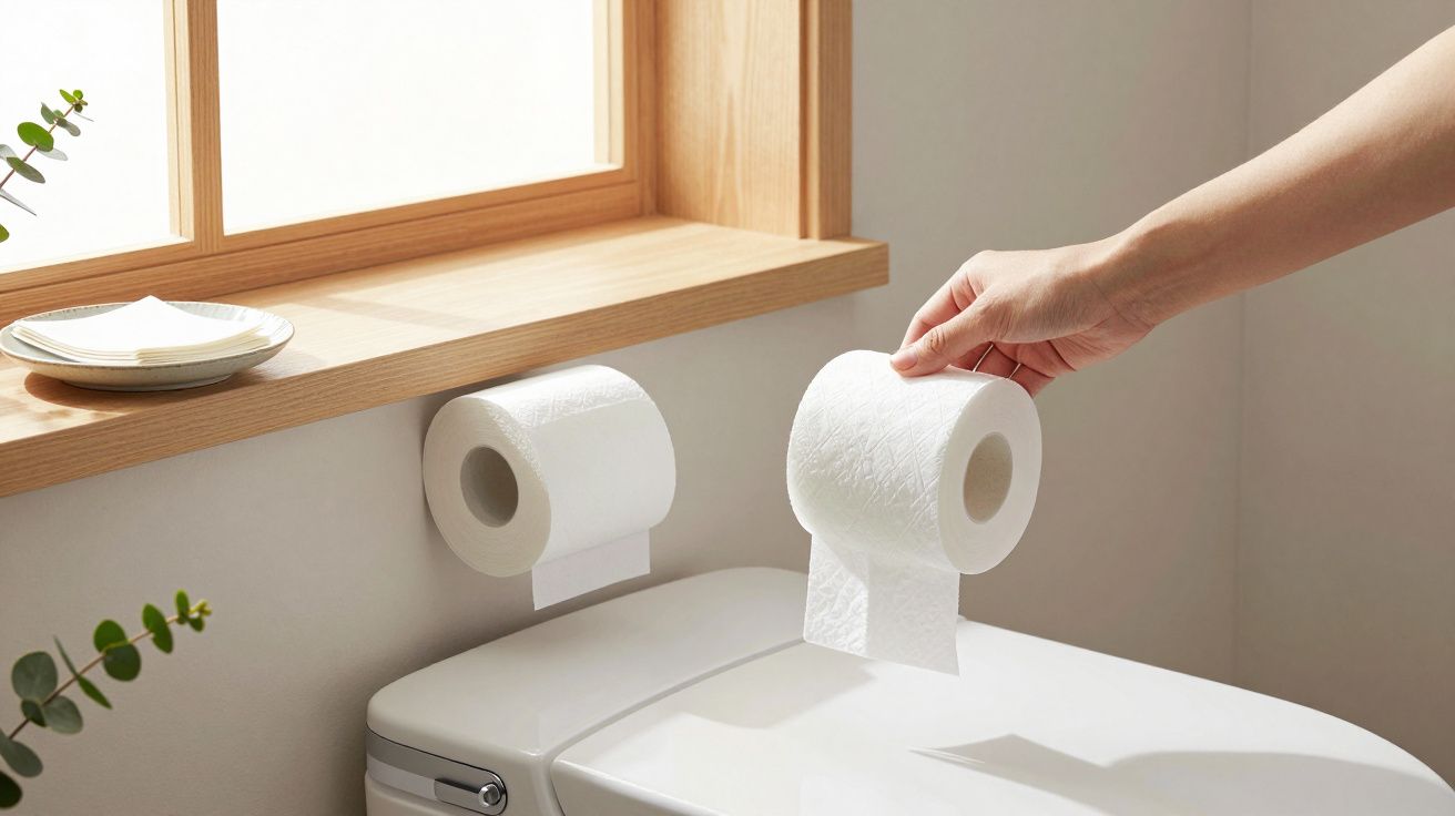 A hand replaces a toilet paper roll next to a toilet under a sunlit window with a small plate and plants nearby.