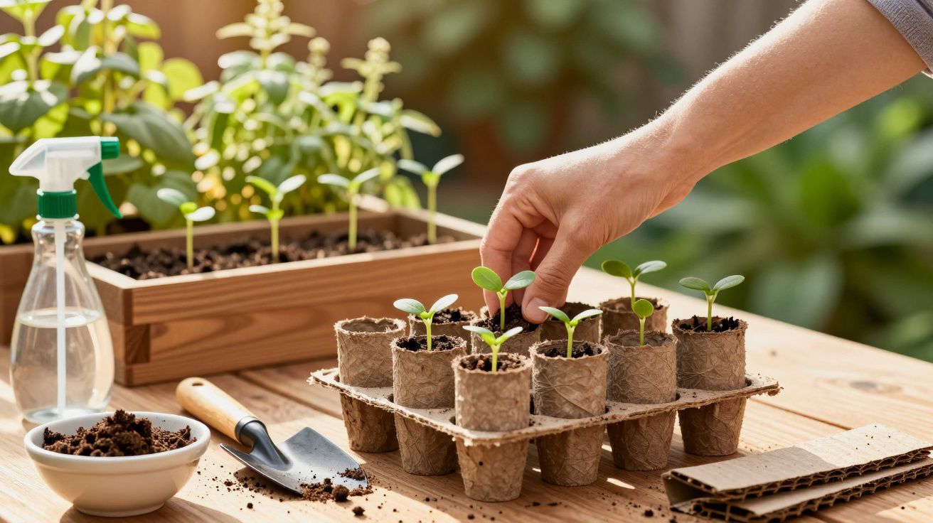 Hand tending to seedlings in biodegradable pots on a wooden table with gardening tools and spray bottle nearby.