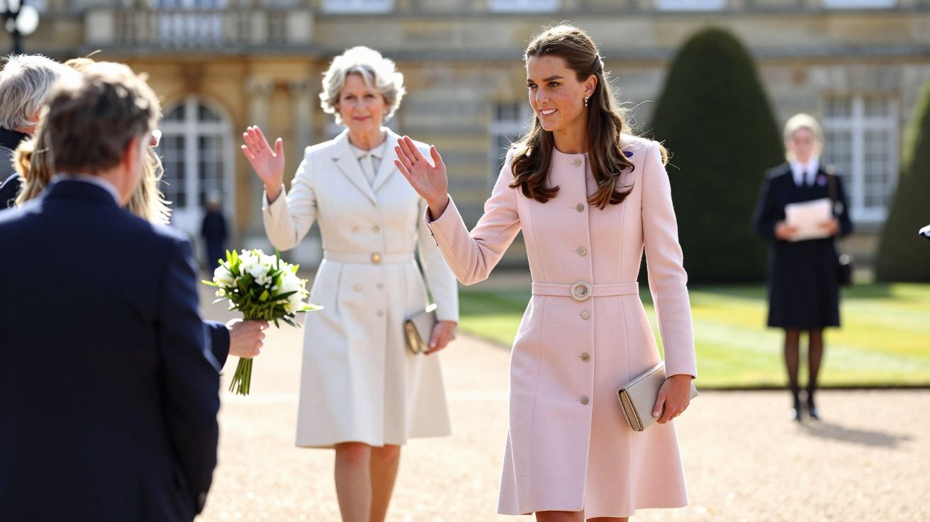 Two women in elegant coats wave outside a grand building, one receives a bouquet from a person in the foreground.