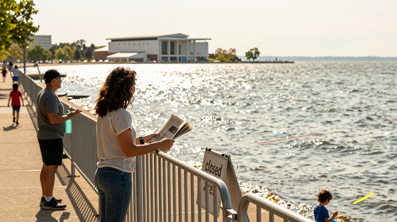 People enjoying a sunny day by the waterfront, reading and walking along a railing with a "closed area" sign.