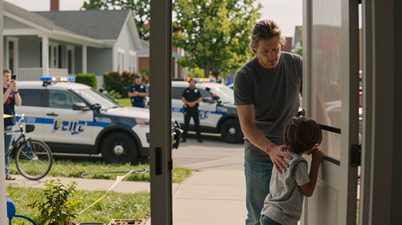 A man and child stand in a doorway as police cars and officers are visible outside in a suburban neighborhood.