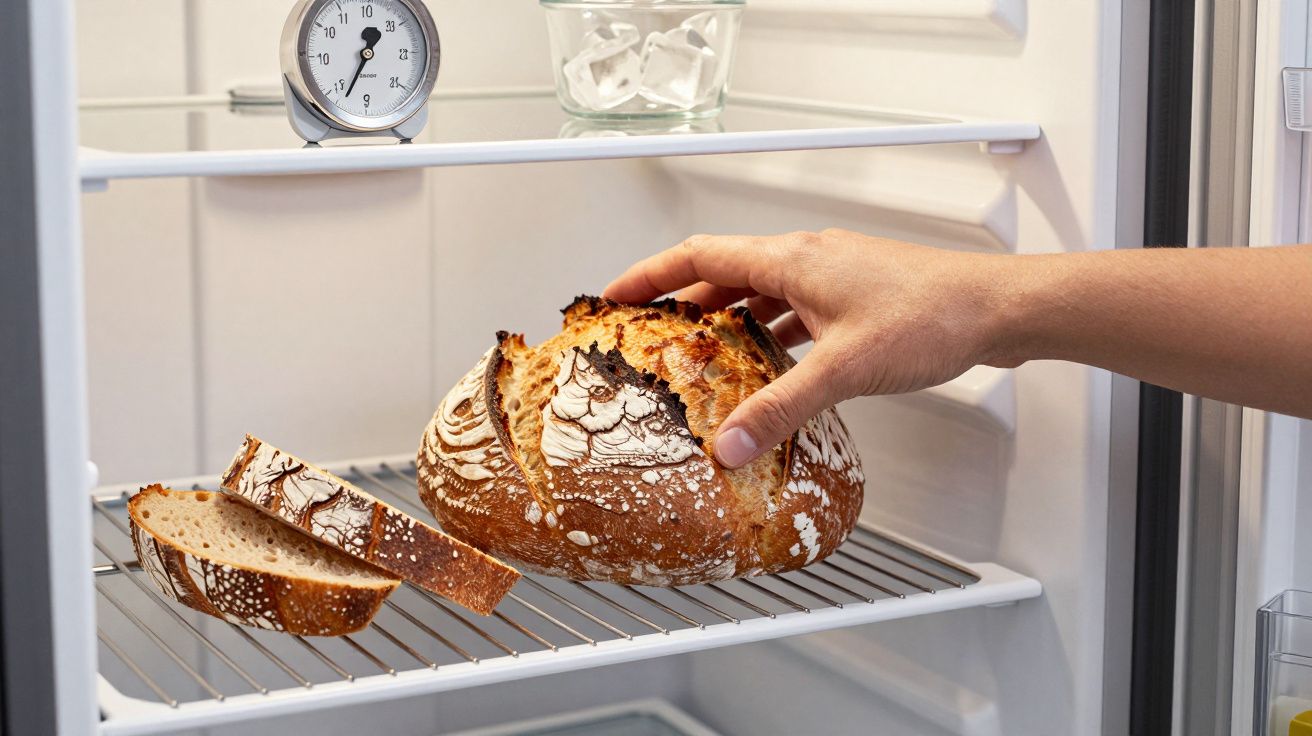 Hand placing sourdough bread and slices on a refrigerator shelf with a timer and ice cube tray nearby.