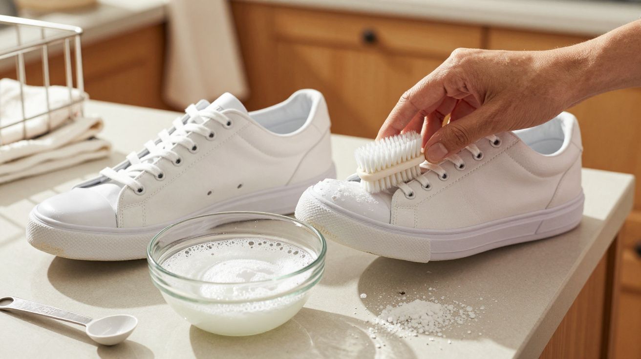 Person cleaning white sneakers with a brush on a countertop, next to a bowl of soapy water and measuring spoon.