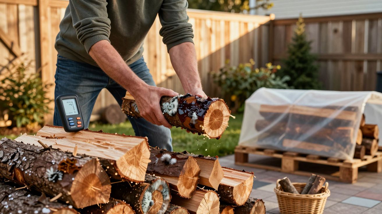 Person stacking firewood outdoors near a fenced yard; a moisture meter rests on a log, with logs covered on a pallet.