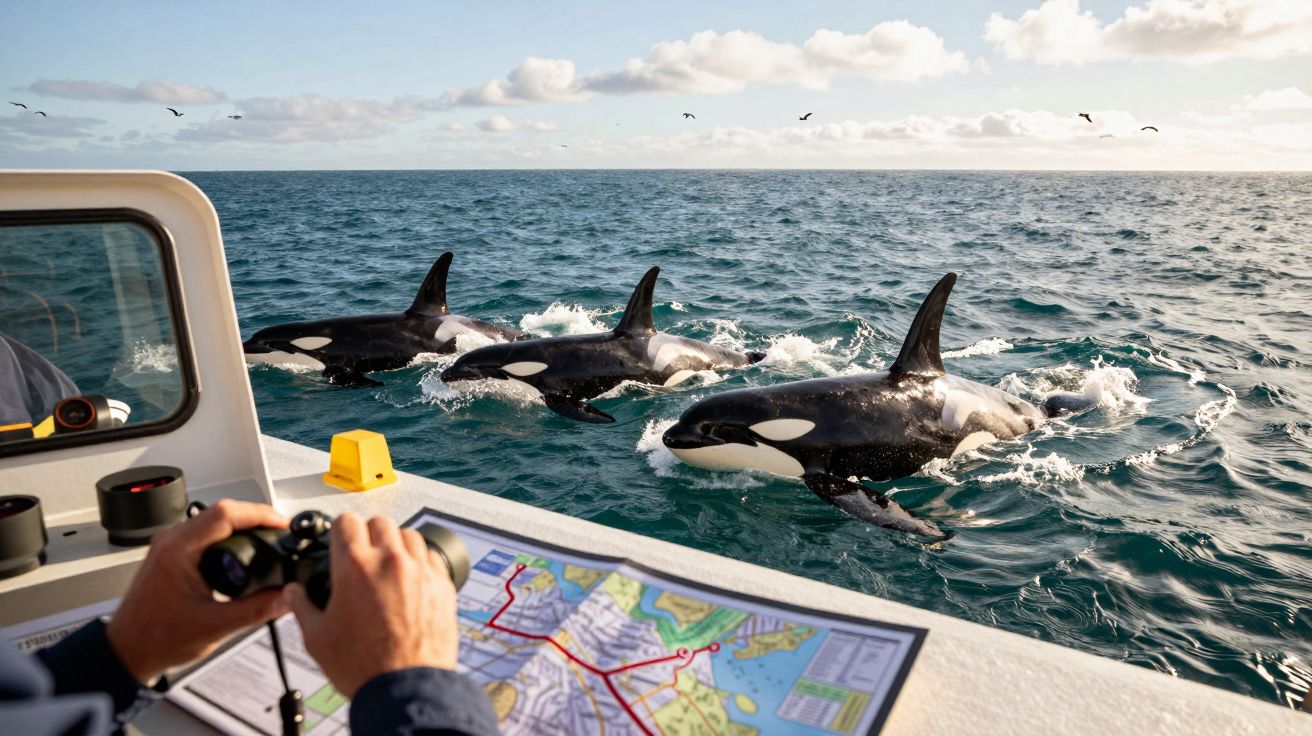 Person on boat observing orcas swimming alongside, using binoculars and map, under a clear sky.