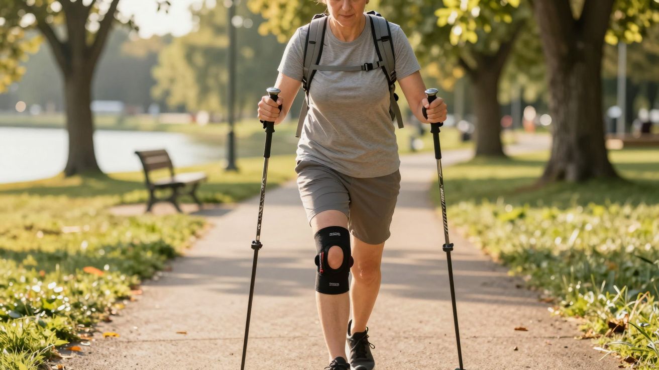 Person with knee brace walking on path using trekking poles in a sunny park.