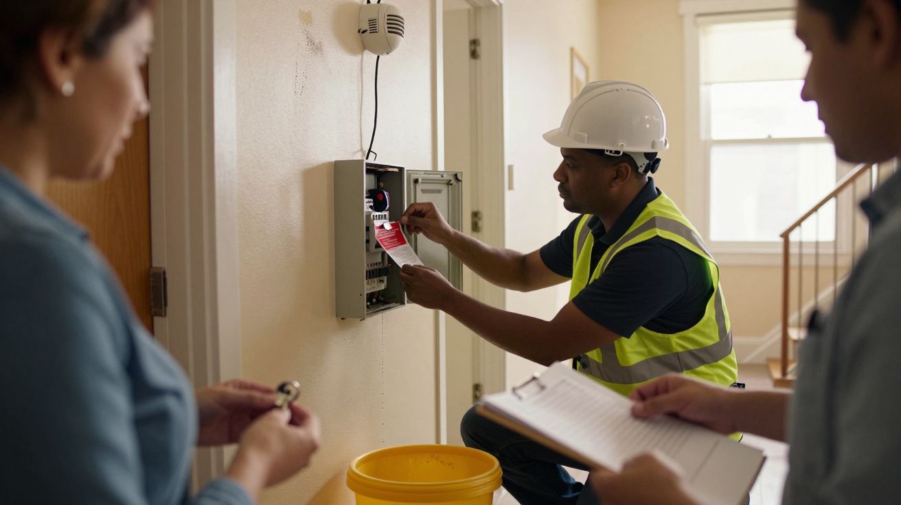 Worker in hard hat checking electrical panel, two people observing and taking notes.
