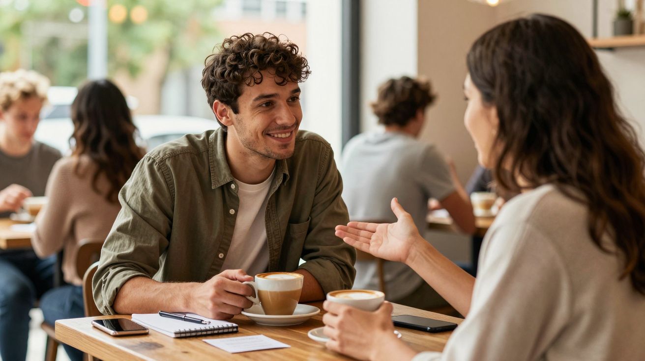 Two people having coffee and talking at a cafe table, with others in background.