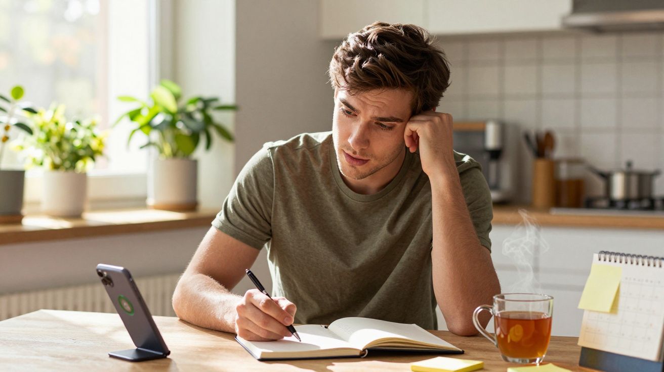 Man in green shirt writing in notebook at kitchen table with phone and tea nearby.