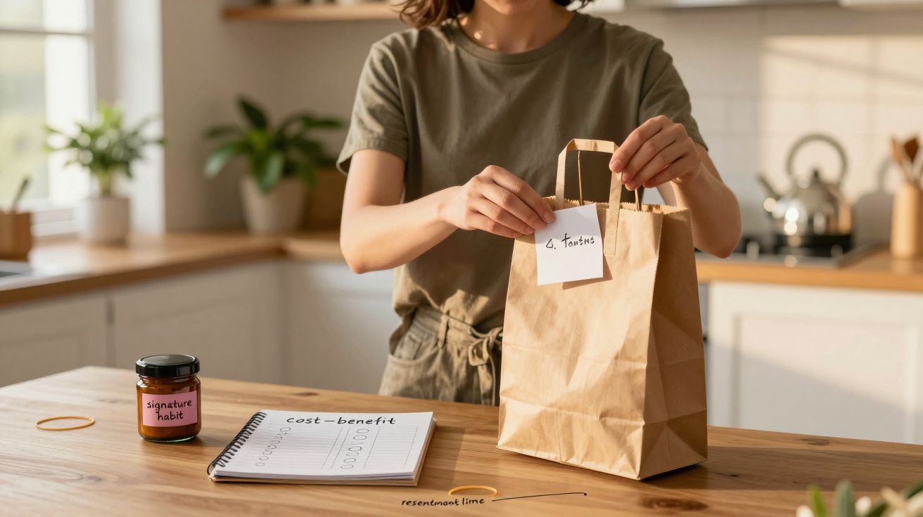 Person in a kitchen labeling a paper bag, with a notebook and jar nearby on the countertop.