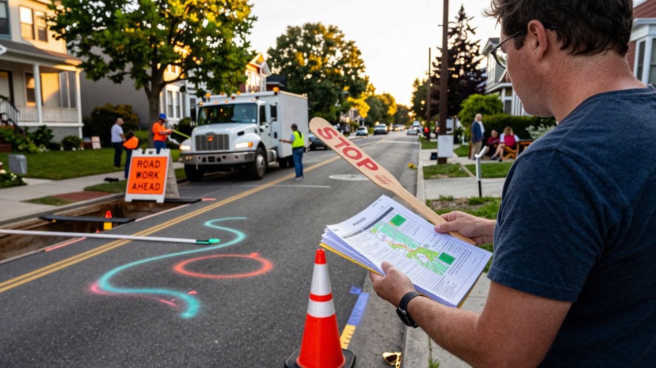 Person examining plans near roadwork, with traffic cone and spray-painted markings on street.