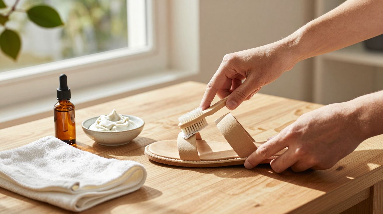 Person cleaning a beige sandal with a brush near a window, with a towel, cream, and a bottle on a wooden table.