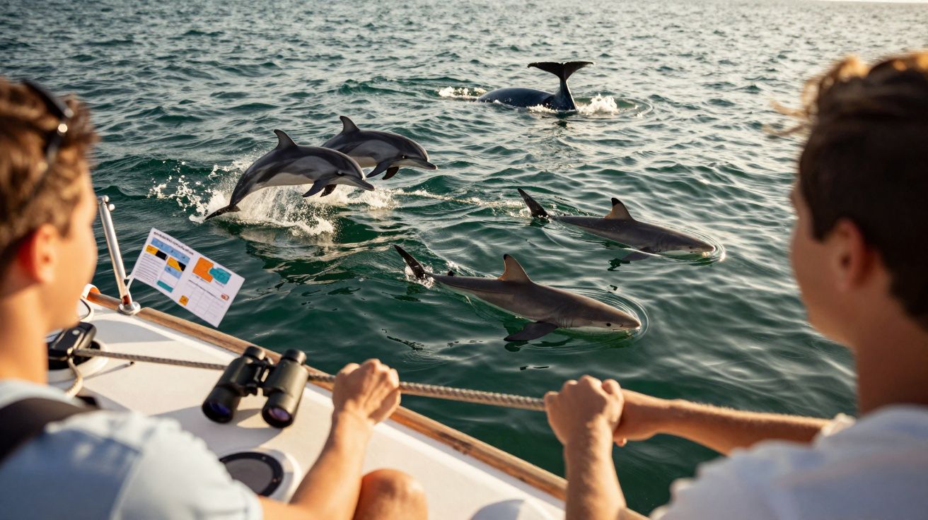Two people on a boat watch dolphins leaping out of the water beside them.