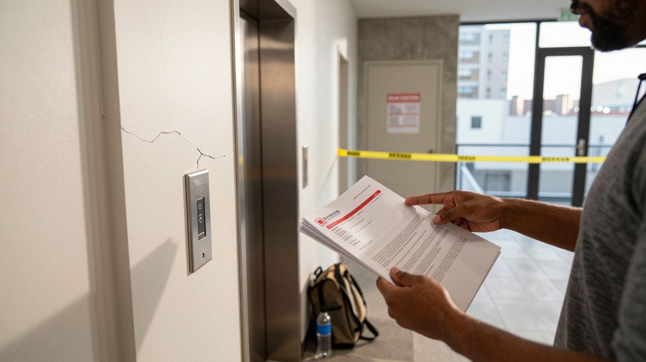 Person holding documents stands near an elevator with a cracked wall; caution tape blocks hallway.