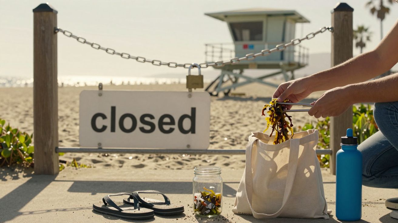 Beach closed sign with sand, sandals, jar, tote bag, and water bottle. Hands placing seaweed into the bag. Lifeguard tower in