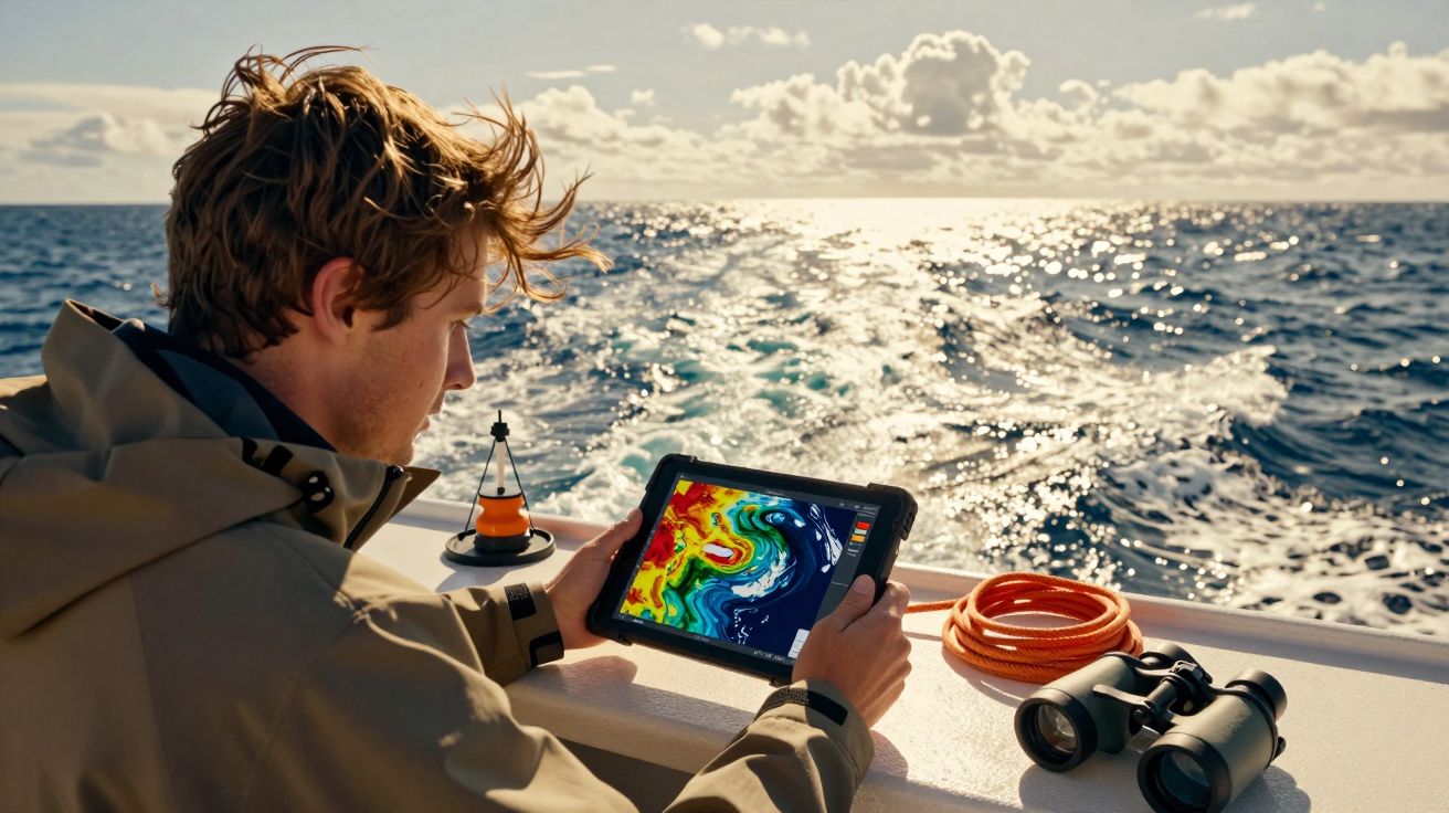 Person on a boat uses a tablet displaying a weather map, with ocean waves and clouds in the background.