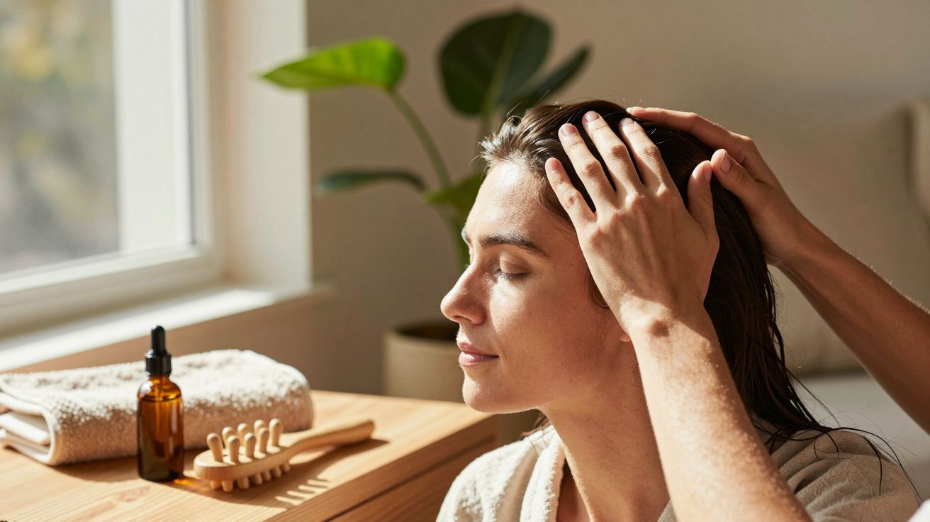 Woman receiving a relaxing head massage near a window with spa items on a wooden table.