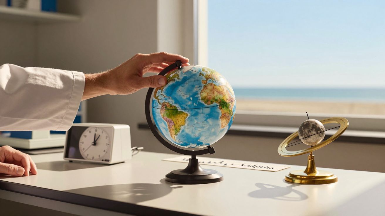 Hand adjusting globe on desk, next to a solar system model and clock, with sunny beach view through window.