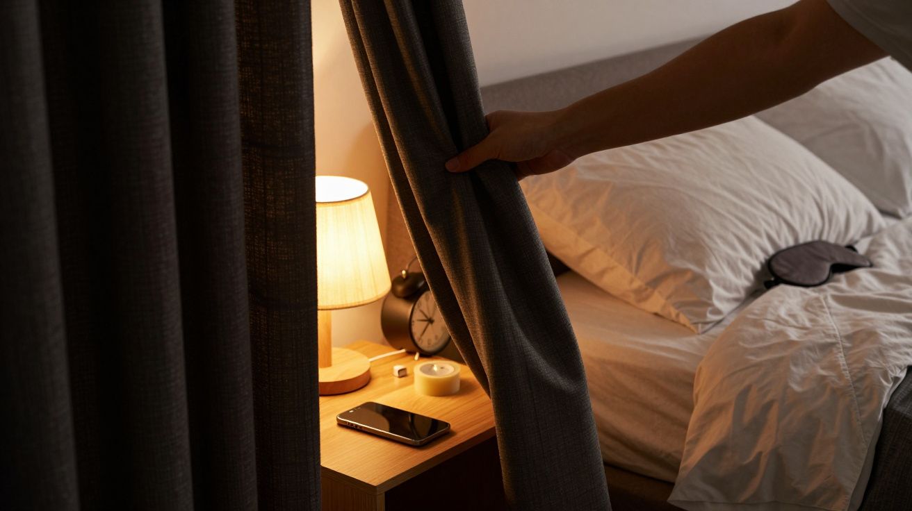 Hand pulling curtain in a cozy bedroom with a lit lamp on nightstand, smartphone, alarm clock, and sleep mask.