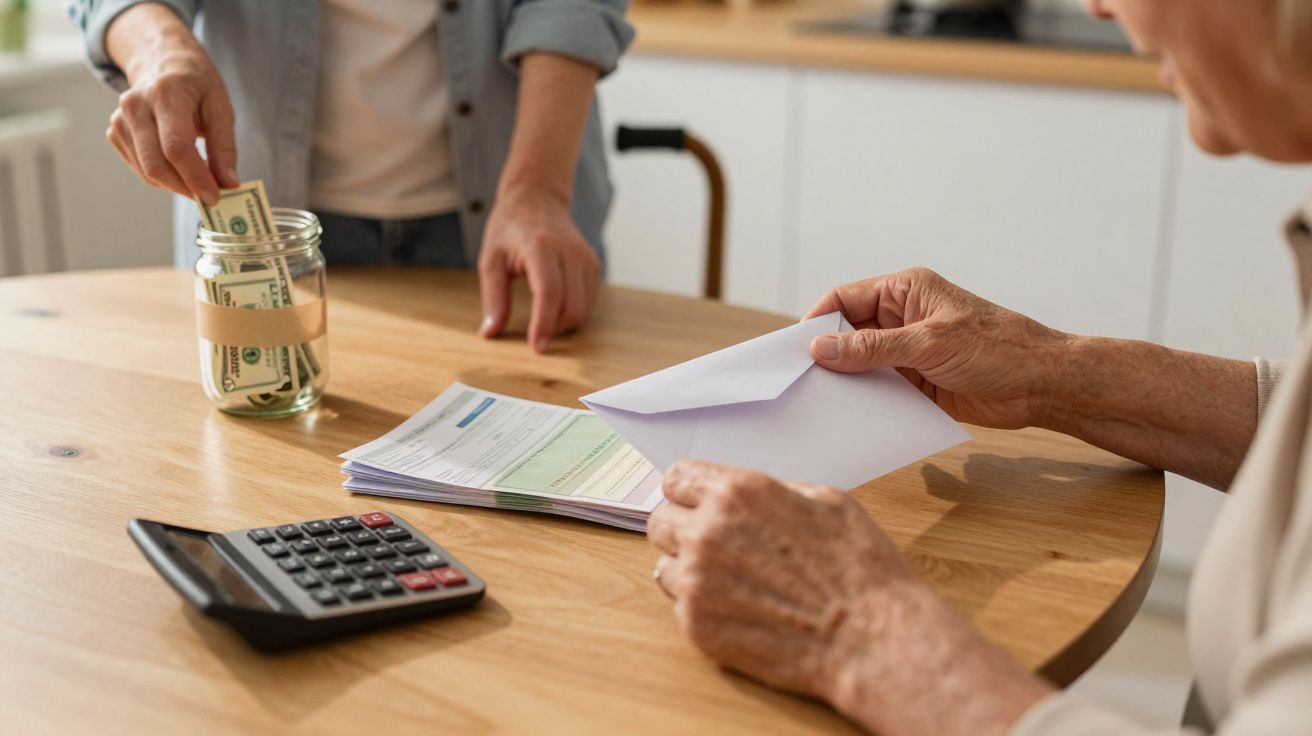 Older person holding envelope, younger person placing cash in jar on table with calculator and bills.