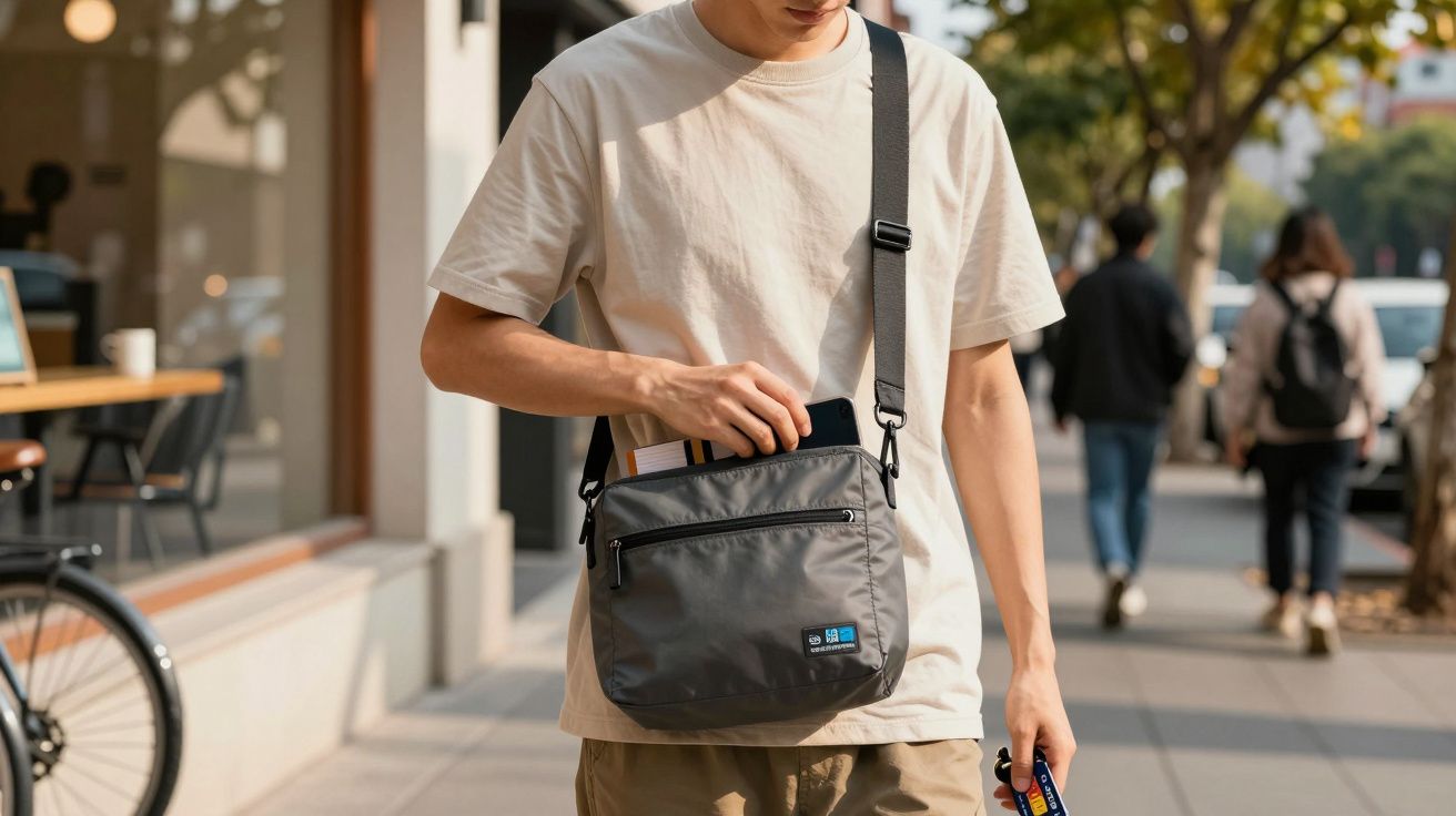 Man with crossbody bag walks on sidewalk, holding phone, with people and bicycle in the background.