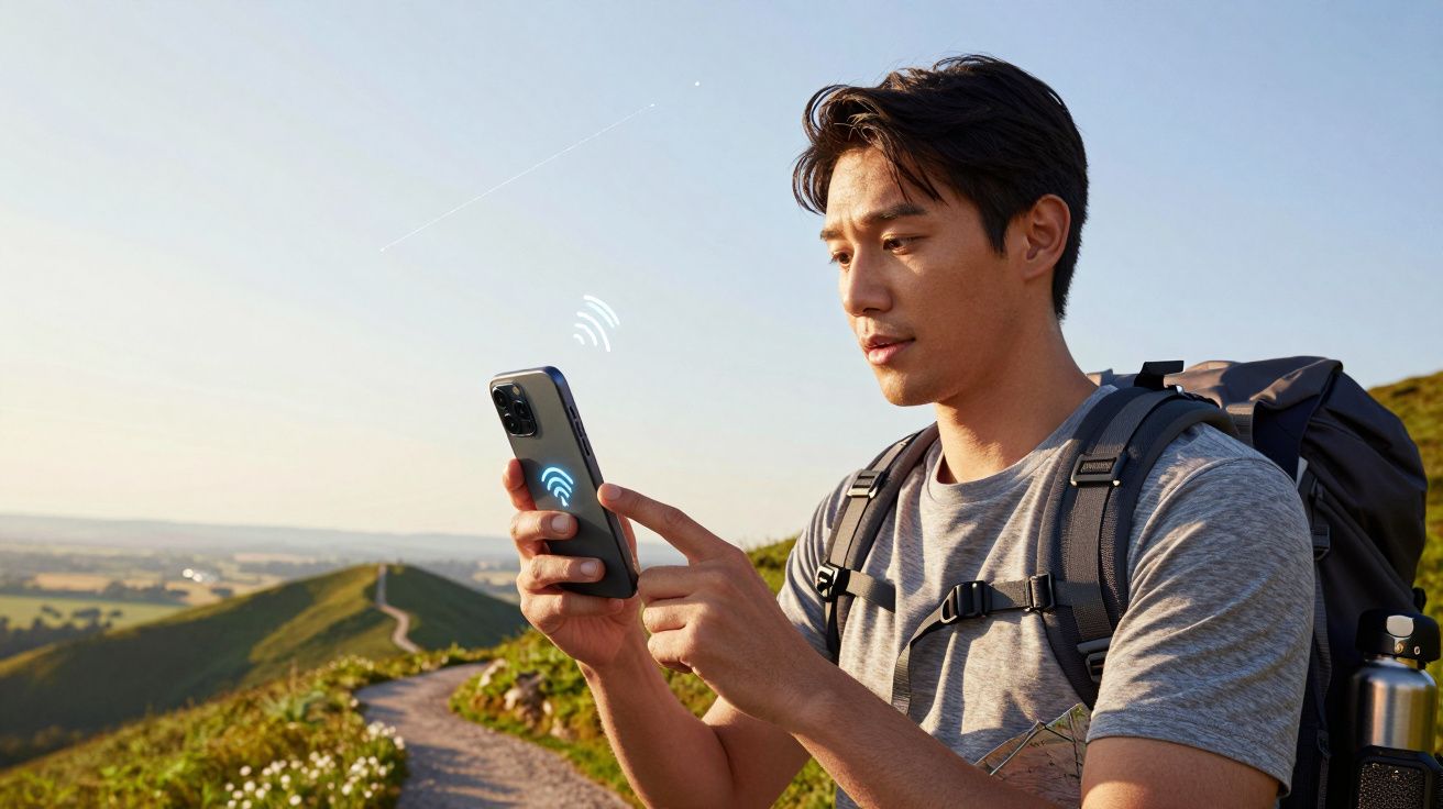 Man using smartphone with signal icons on a hiking trail, wearing a backpack under a clear sky.