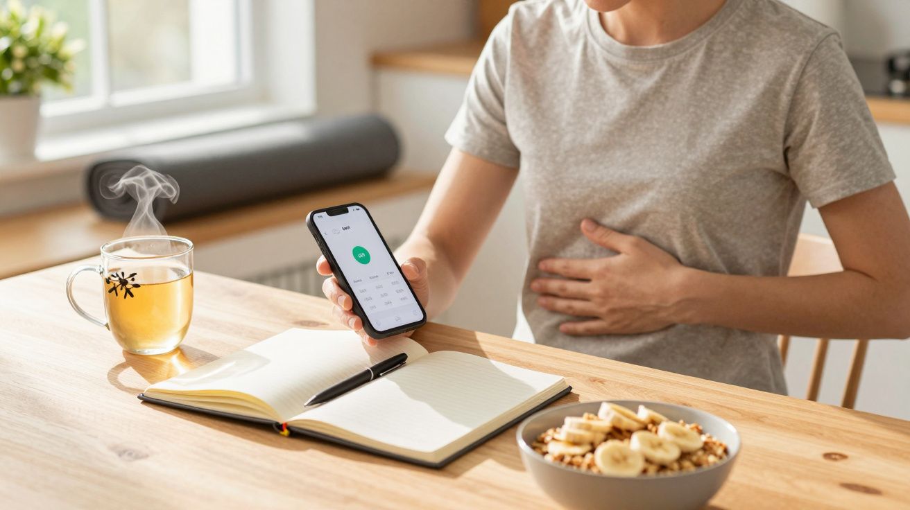 Person checks phone app while eating cereal and tea, holding stomach, with a notebook and pen nearby.