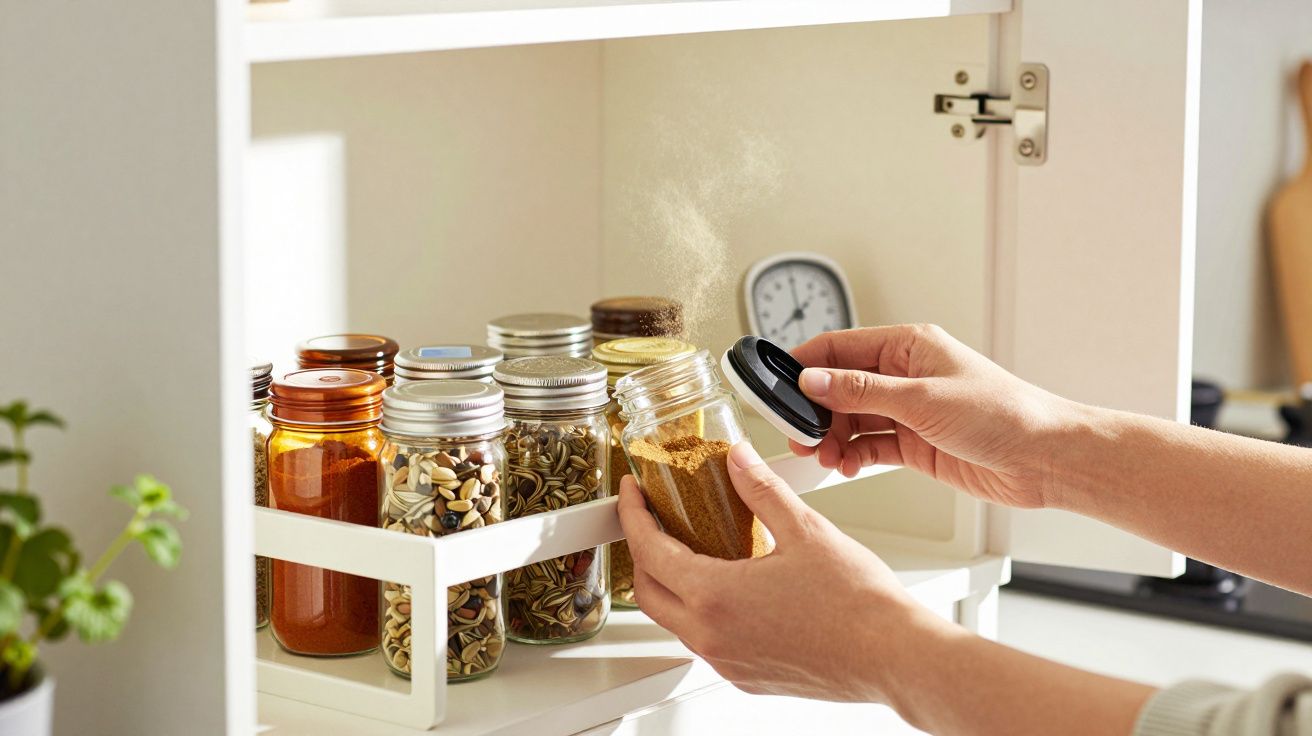 Hands pouring spice from a glass jar in a kitchen shelf, surrounded by various jars and a clock in the background.