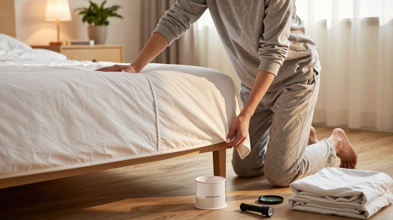Person kneeling by a bed, inspecting the sheets, with a flashlight and items nearby, in a well-lit room.