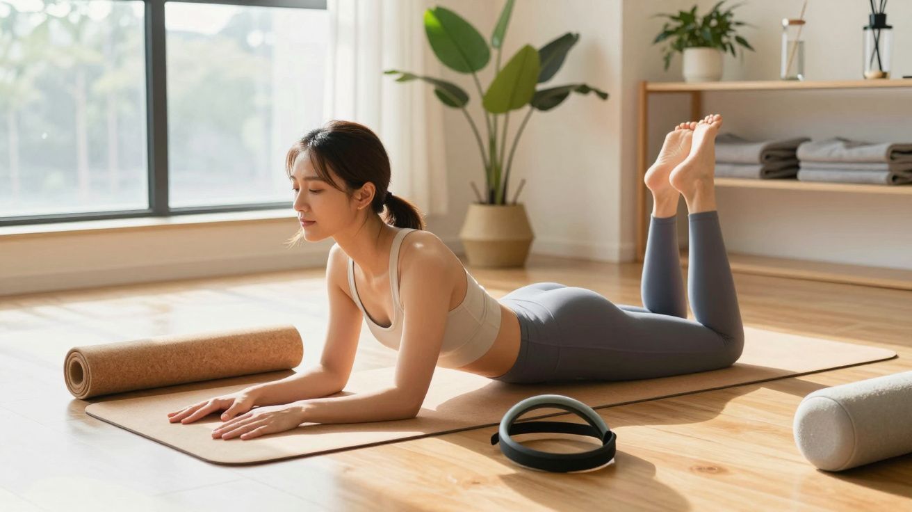 Woman practicing yoga on a mat in a sunlit room with plants and fitness equipment in the background.