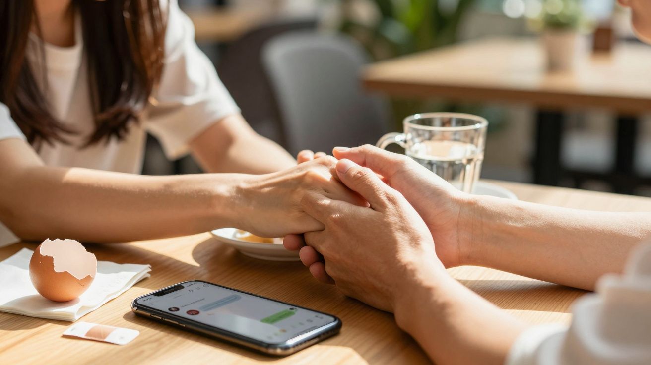 Two people holding hands across a table with a phone and eggshell nearby.