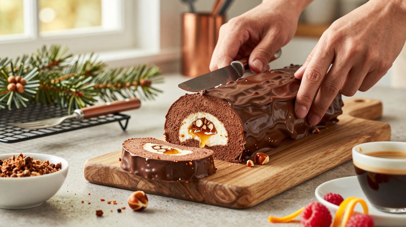 Hands slicing a chocolate Yule log cake on a wooden board with festive decor and coffee nearby.
