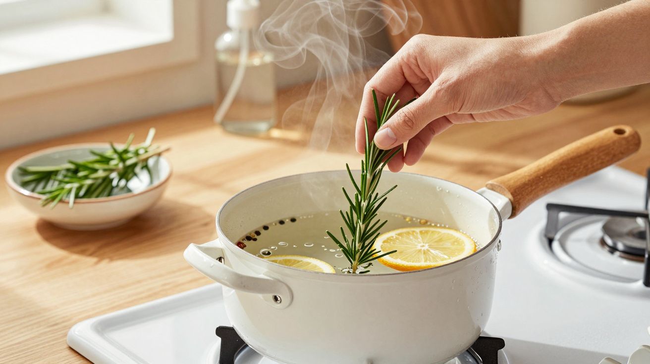 Hand adding rosemary to boiling water with lemon slices in a white pot on a stove.