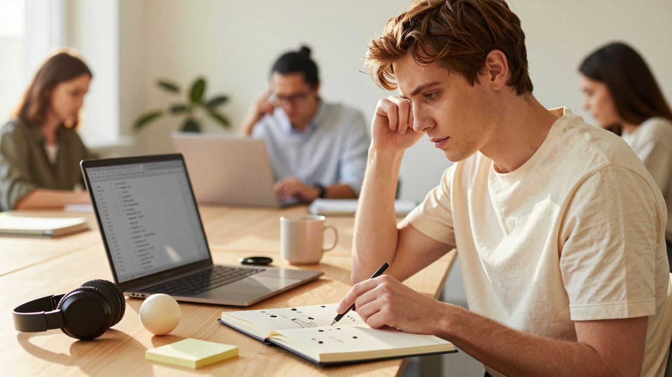 Young man studying at a table with a laptop, notebook, and headphones; others work in the background.