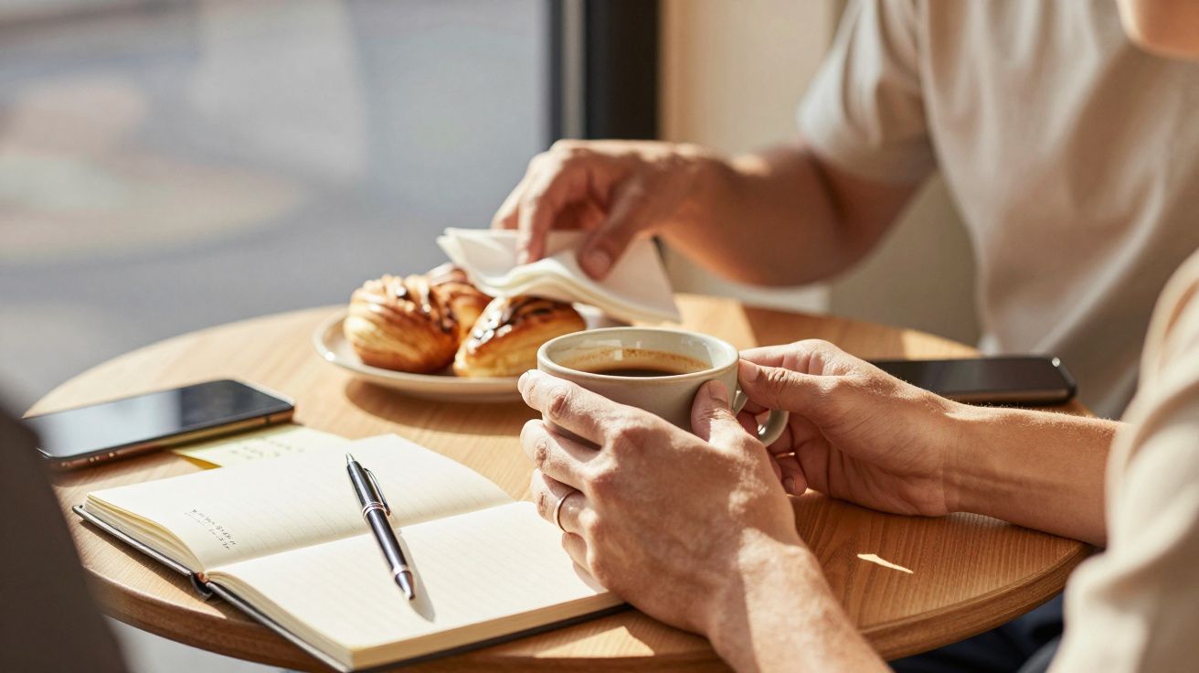 Two people having coffee and pastries at a table, with a notebook, pen, and smartphones nearby.