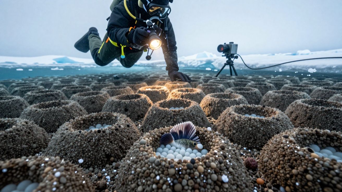Diver photographs sea sponge colonies under icy water with camera, flashlight, and scattered eggs visible in cavities.