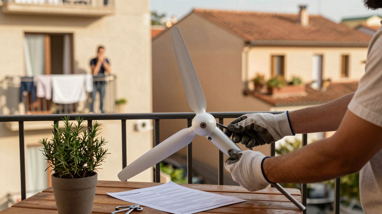 Person assembling a small wind turbine on a balcony table with plants, tools, and documents, neighboring buildings in backgro