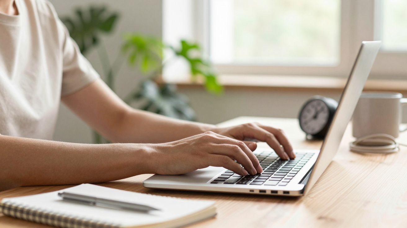 Person typing on a laptop at a wooden desk with a notebook and clock nearby.
